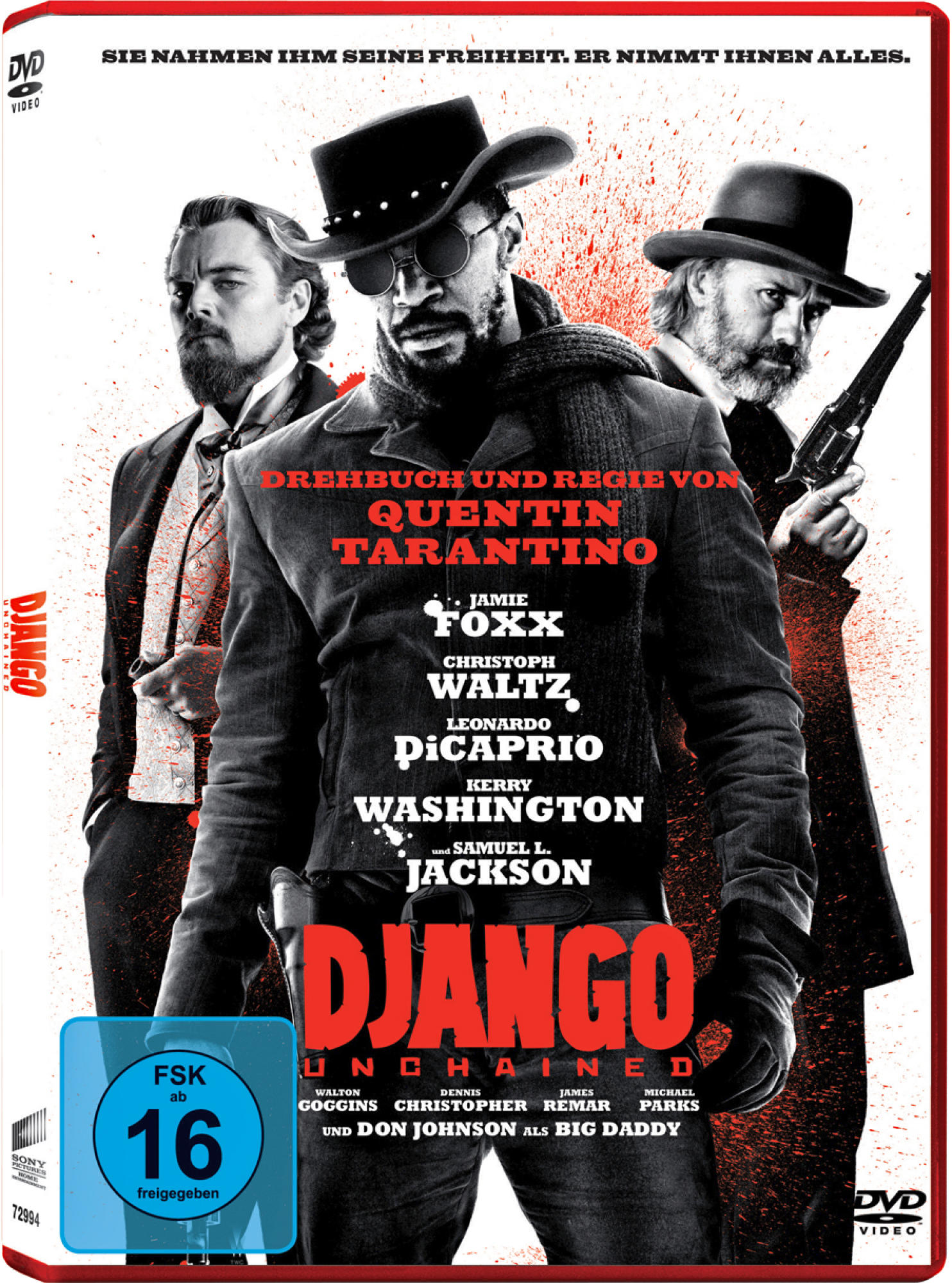 DVD-Cover für 'Django Unchained' mit Jamie Foxx, Christoph Waltz und Leonardo DiCaprio.