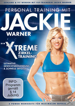 Frau in blauem Top, Fitness-DVD-Cover, Text-Overlay, lächelnd, zeigt ihren trainierten Körper.