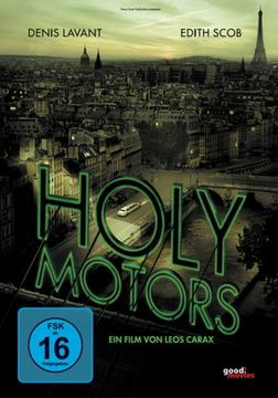 DVD-Cover für 'Holy Motors', Pariser Stadtlandschaft, grünes Neon-Schild, mit einem Schauspieler.