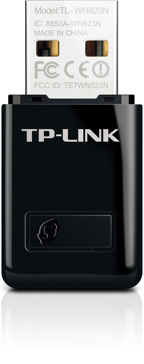 Schwarzer USB-Stick mit TP-LINK-Logo und Produktinformationen.