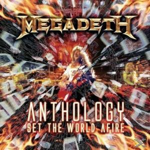Albumcover mit dem Titel 'Megadeth Anthology: Set The World Afire'. Ein Mann spielt Gitarre.