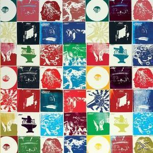 Ein Raster von Albumcovern mit abstrakten und farbenfrohen Designs, mit mehreren Quadraten.