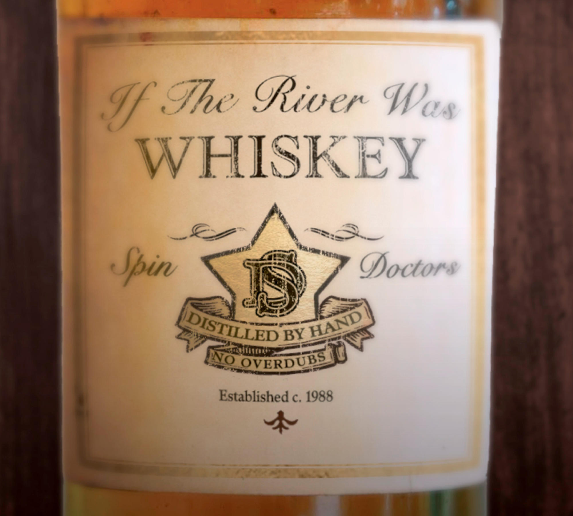 Whiskey-Flaschenetikett mit Text 'If The River Was Whiskey' und einem Stern-Logo.