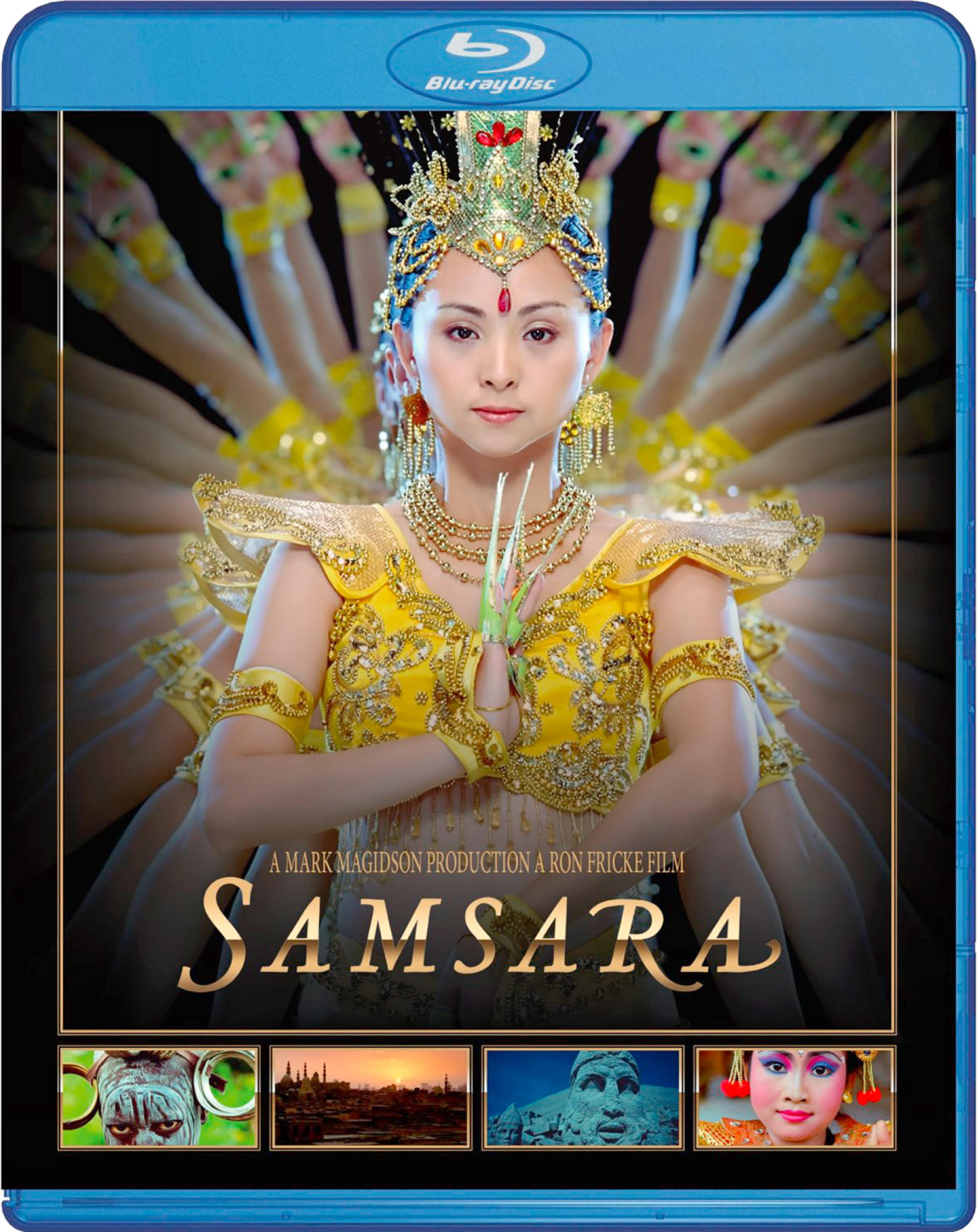 DVD-Cover. Titel: Samsara. Eine Frau in goldenem Outfit mit vielen Armen.
