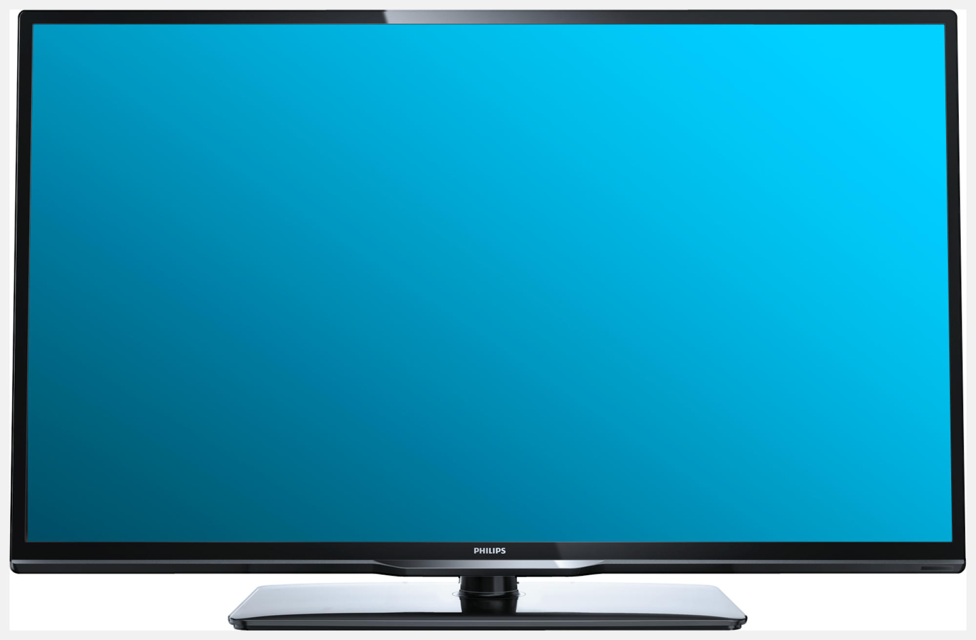 Televisor de pantalla plana grande, pantalla azul, marco negro, fondo blanco, logotipo de Philips.