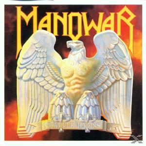 Manowar Albumcover. Adler mit ausgebreiteten Flügeln, Kriegerfigur. Gold- und roter Hintergrund. Titel: Battle Hymns.