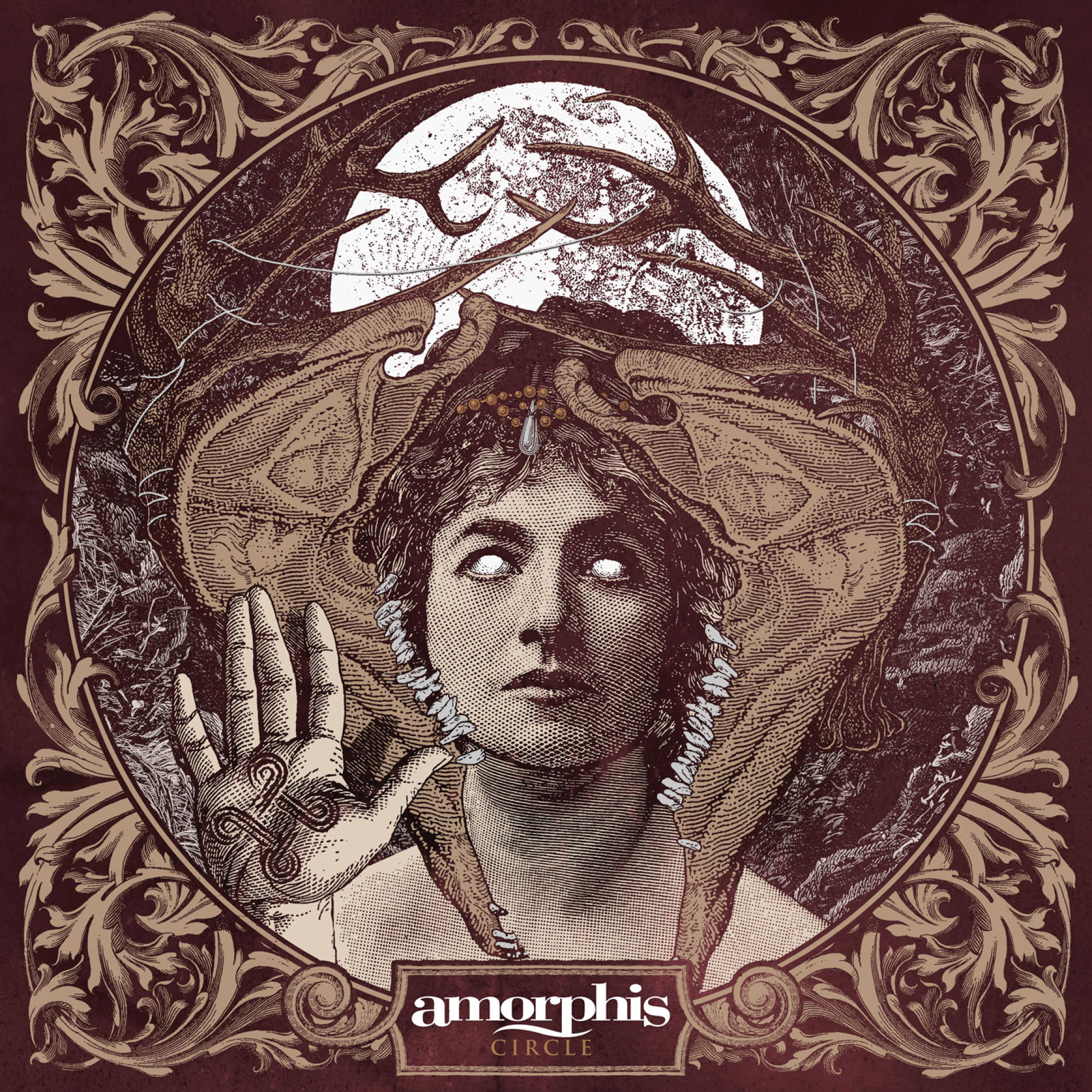 Albumcover mit Gesicht, Ästen und Mond. Brauner Hintergrund.