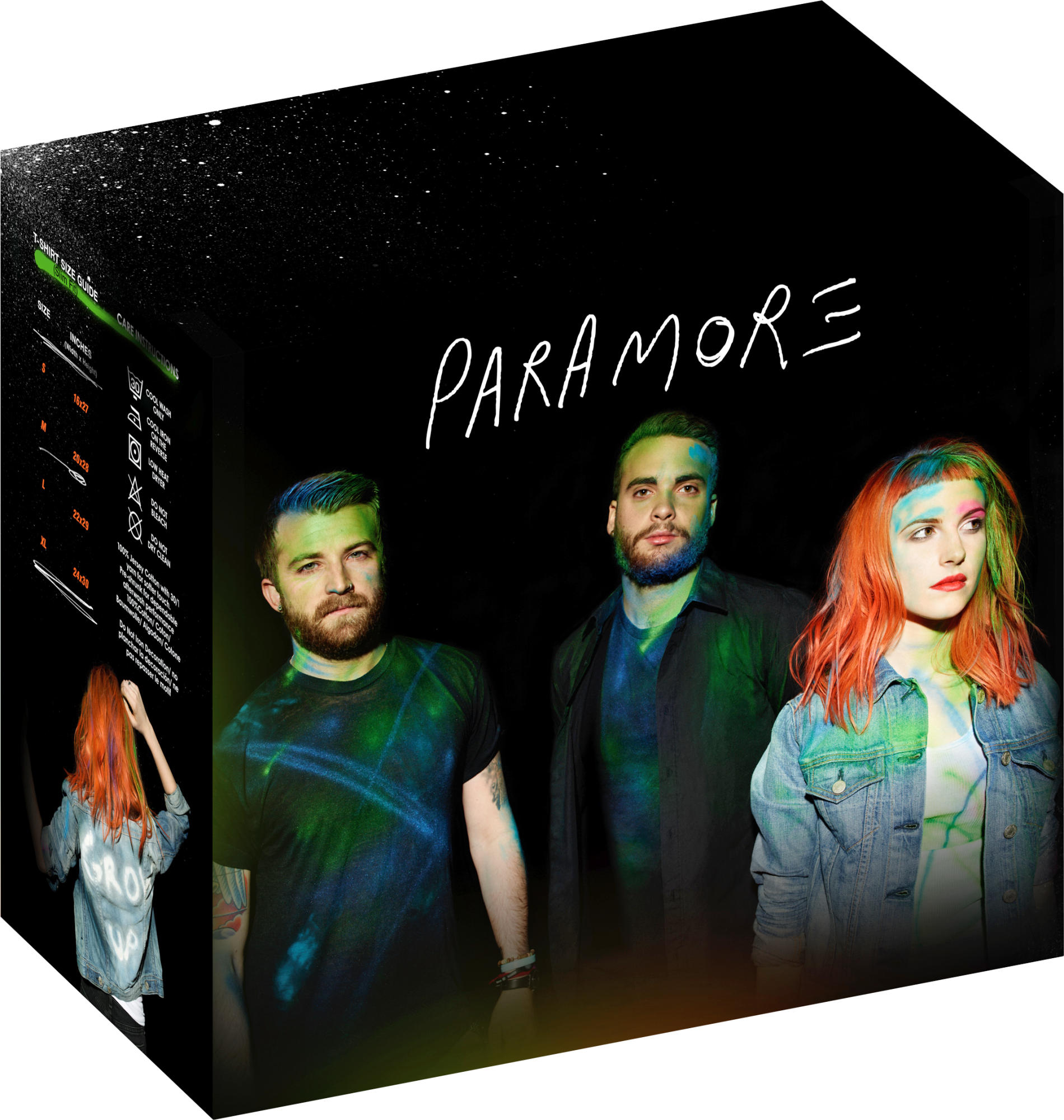 Paramore-Albumcover. Drei Bandmitglieder stehen vor dunklem Hintergrund.