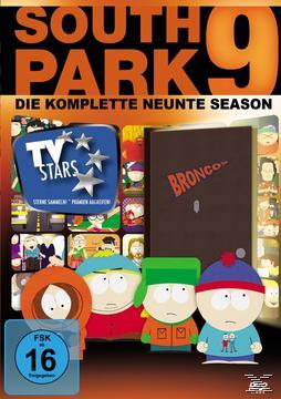 South Park Staffel 9 DVD-Cover mit Zeichentrickfiguren und einem blauen Altersfreigabe-Abzeichen.