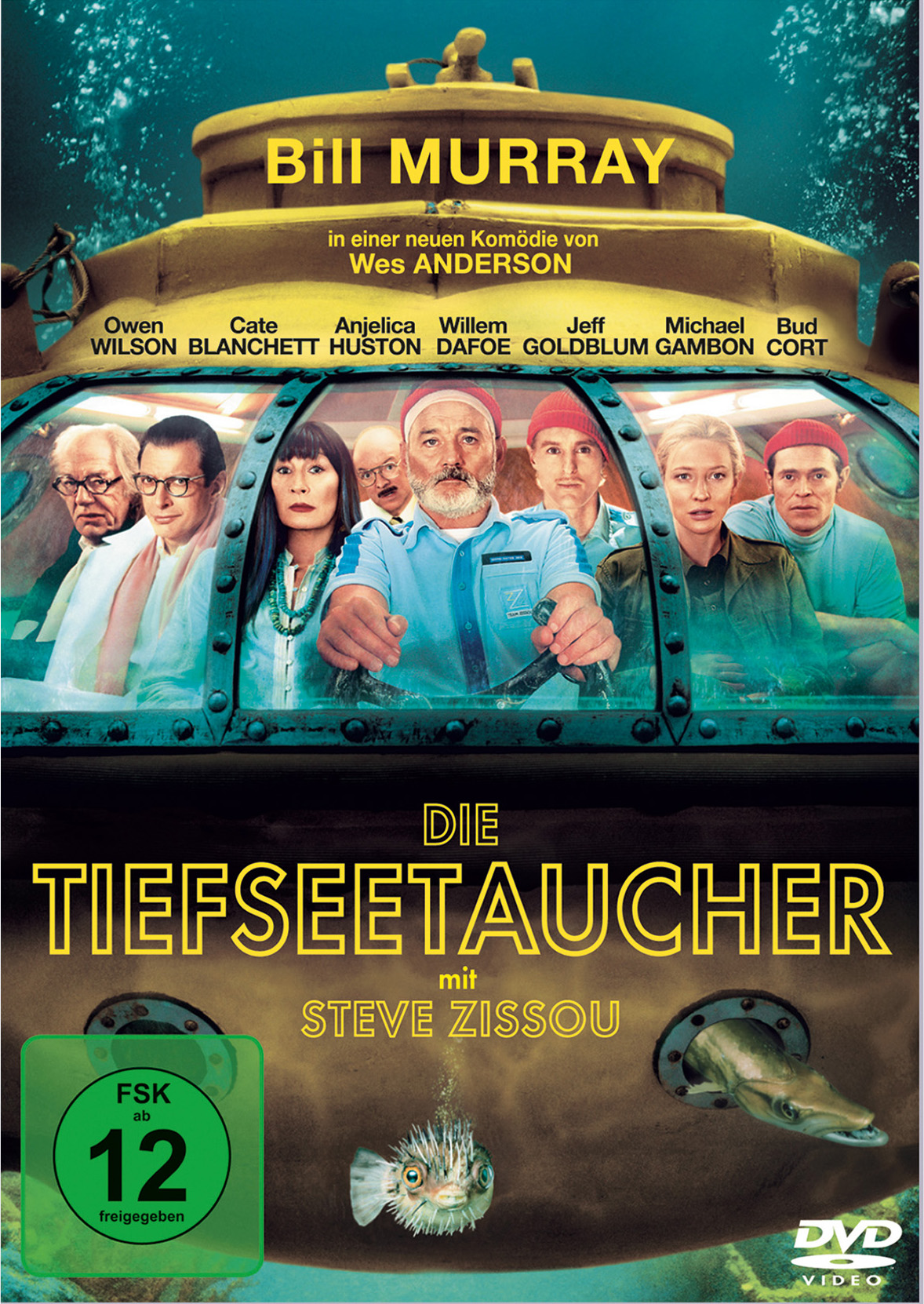 DVD-Cover für „Die Tiefseetaucher“ mit Steve Zissou. Bild von der Besetzung. Blauer Hintergrund.
