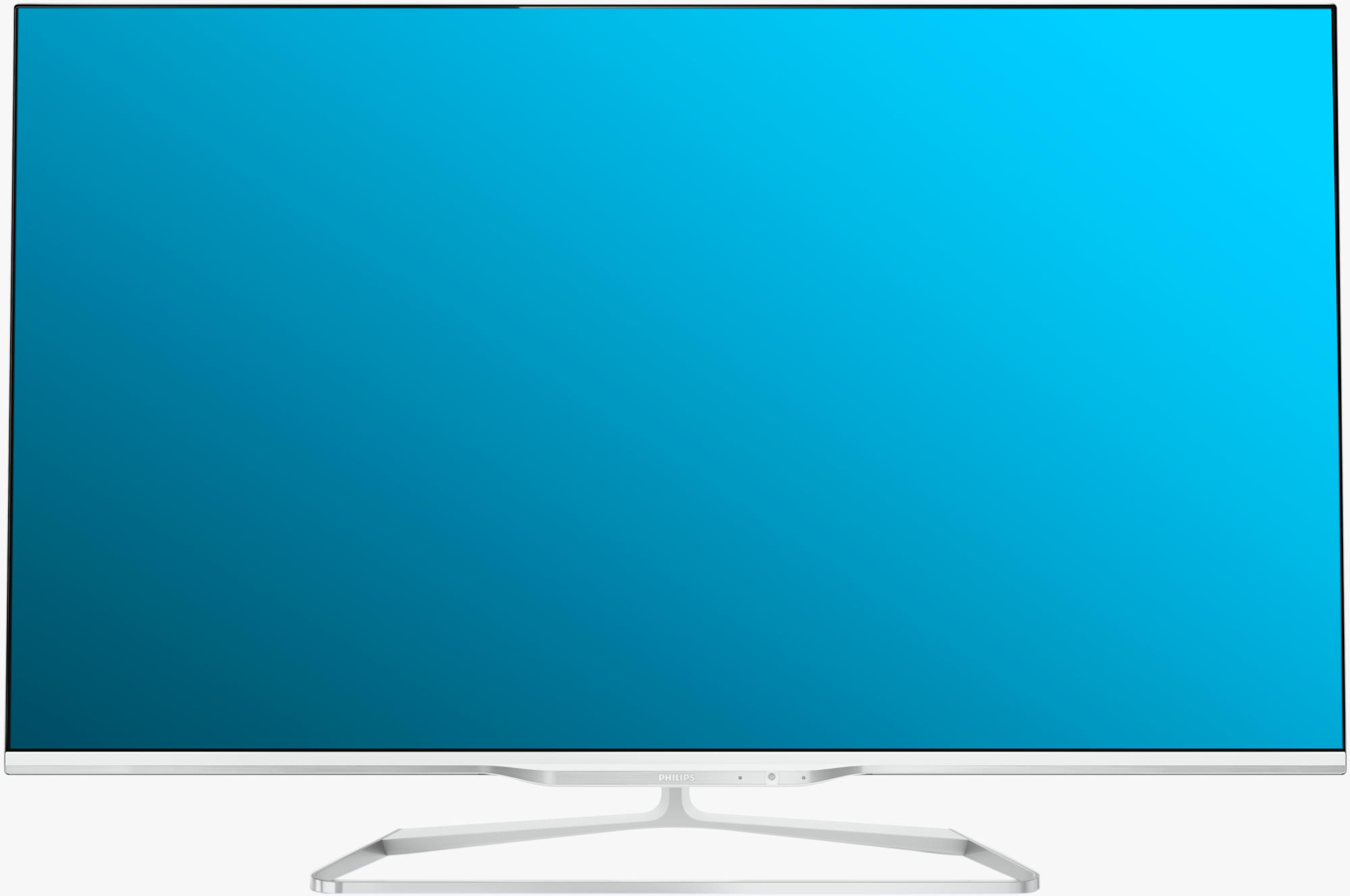 TV Philips blanco con pantalla azul, diseño de soporte delgado.