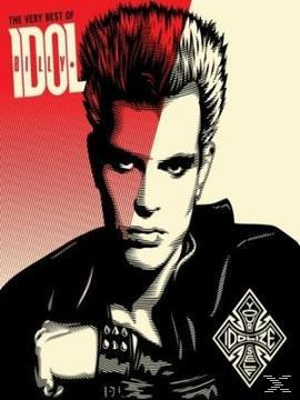 Billy Idol Albumcover. Gesicht rot und weiß geteilt, schwarze Jacke, weißer Text.