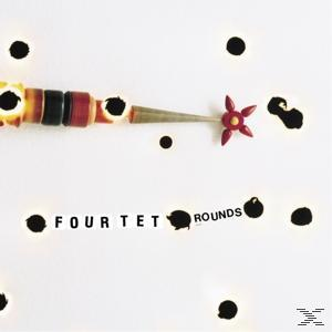 Weißer Hintergrund mit einem pfeilartigen Objekt und schwarzen Kreisen, Text FOUR TET ROUNDS, mit einem sternförmigen Element.