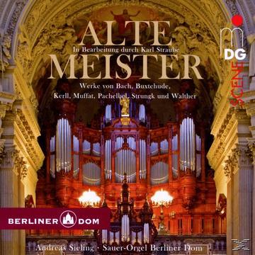 Albumcover mit Kirchenorgel und Text 'Alte Meister'. Ein rotes Logo in der oberen rechten Ecke.