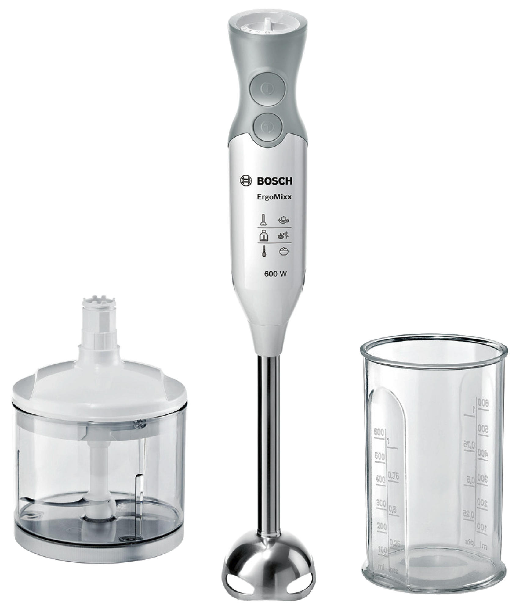 Bosch Stabmixer mit Zubehör: Zerkleinerer und Messbecher. Weißes und silbernes Design.