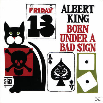 Albumcover: Schwarze Katze, Totenkopf, Pik-Ass, Würfel, Kalender, Freitag, der 13., rot/schwarz/weiß.