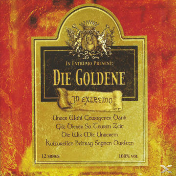 Albumcover mit goldenem Etikettendesign und deutschem Text auf verschwommenem, rötlichem Hintergrund.