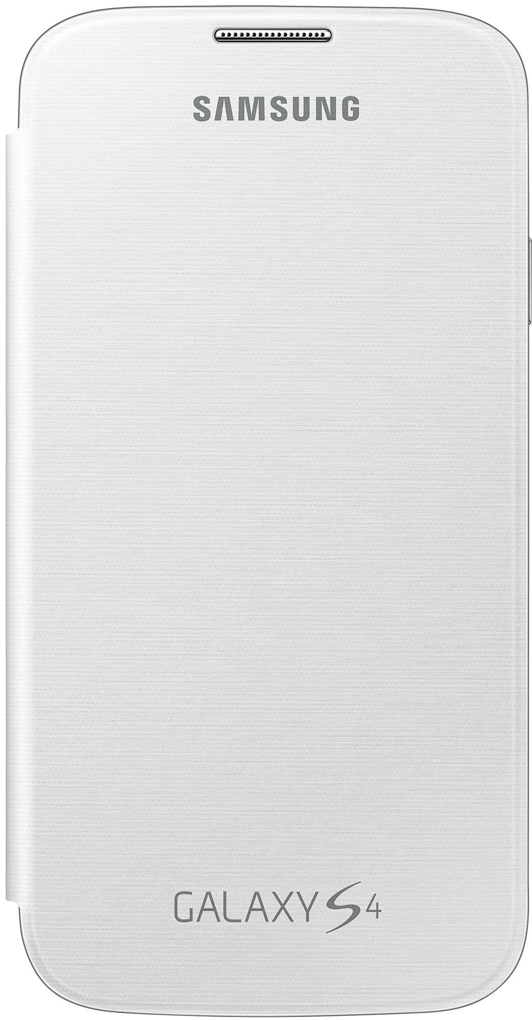 Funda blanca para teléfono Samsung con superficie texturizada, logo Samsung arriba, Galaxy S4 abajo.