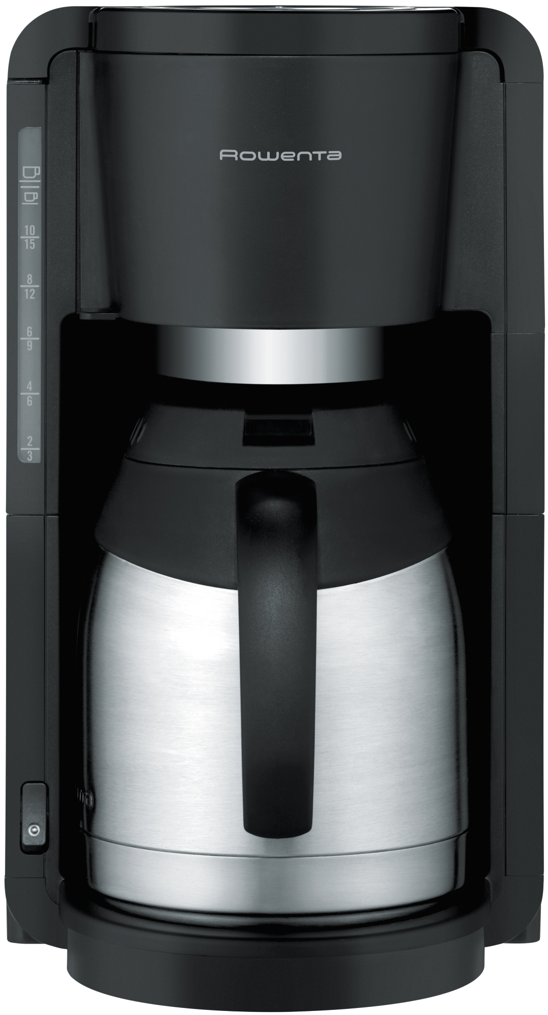 Schwarzer Kaffeemaschine mit Edelstahlkanne und Wasserstandsanzeige.