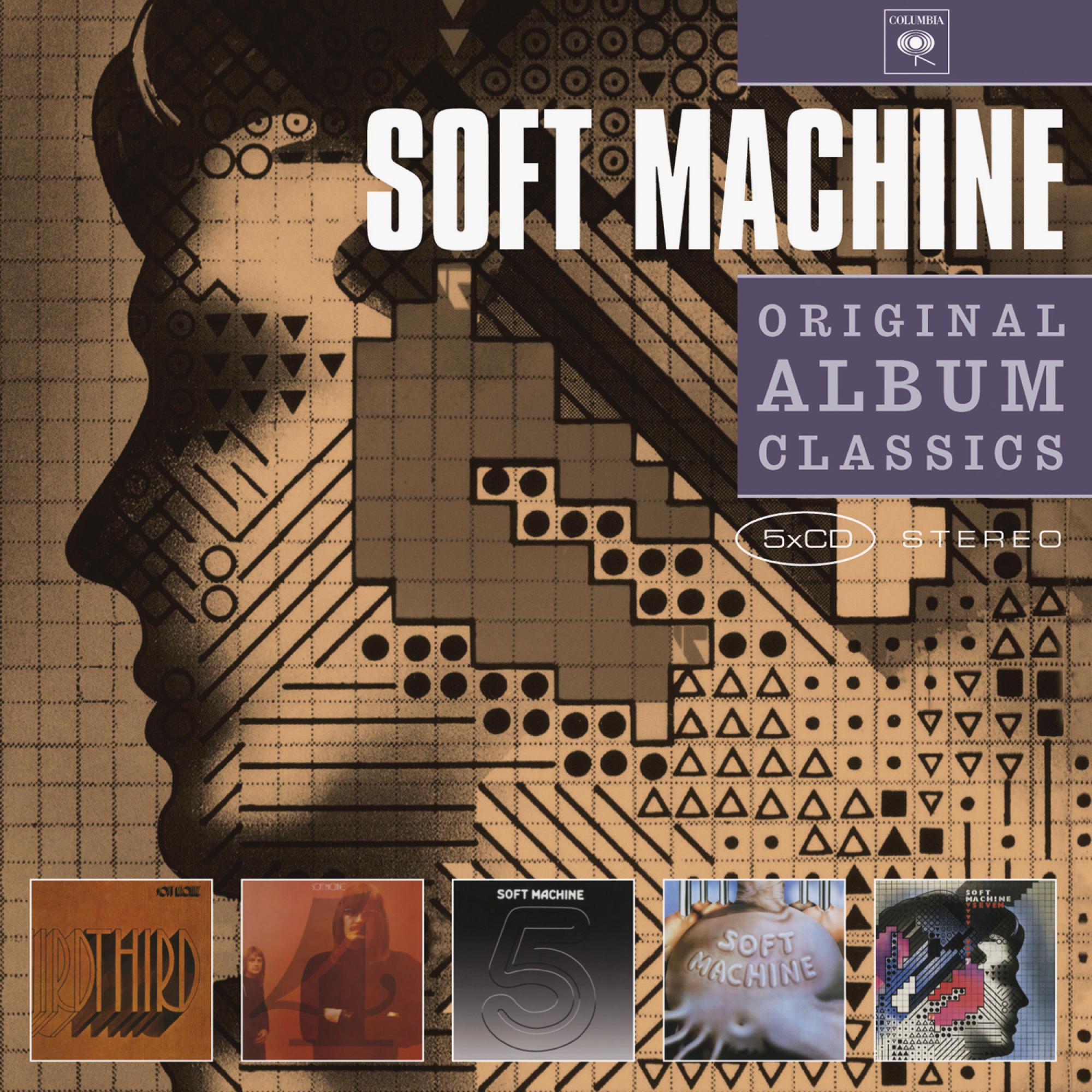 Albumcover für Soft Machine. Zeigt ein Profil und verschiedene Albumcover.