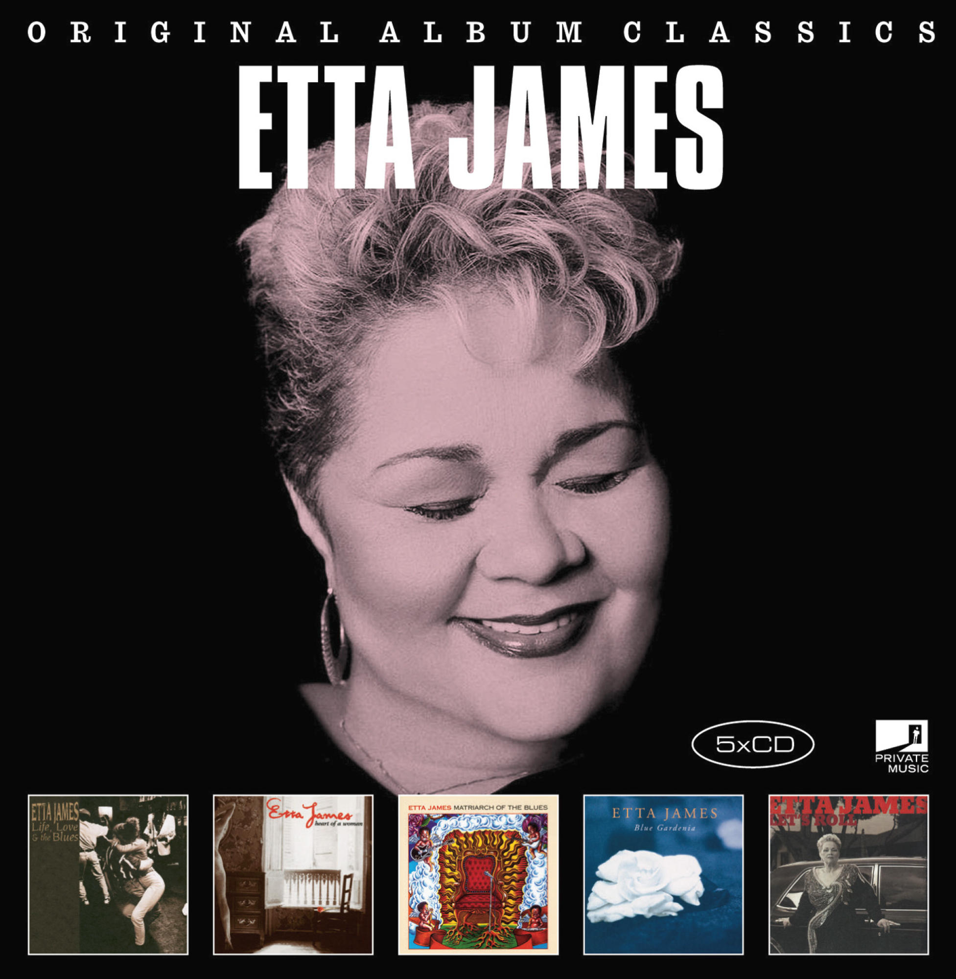 Albumcover: Gesicht von Etta James. Titel: Original Album Classics. Darunter werden 5 Albumcover angezeigt.
