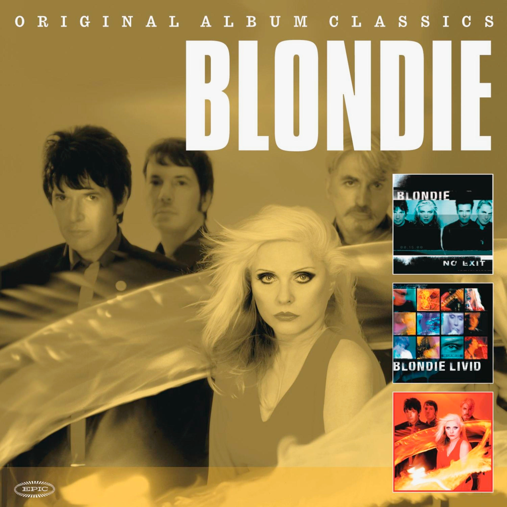 Blondie-Albumcover mit Bandmitgliedern und Album-Artwork. Großer Blondie-Titel, zusätzliche Albumcover rechts.