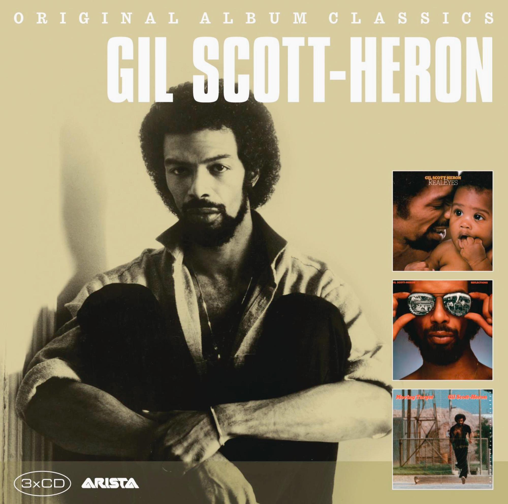 Gil Scott-Heron Albumcover. Ein Mann mit Bart sitzt mit verschränkten Armen, drei Albumcover werden gezeigt.