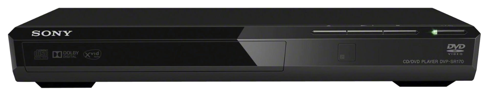 Un reproductor de DVD Sony negro con bandeja de discos, botón de encendido y logotipo de video DVD. Tiene Dolby Digital.