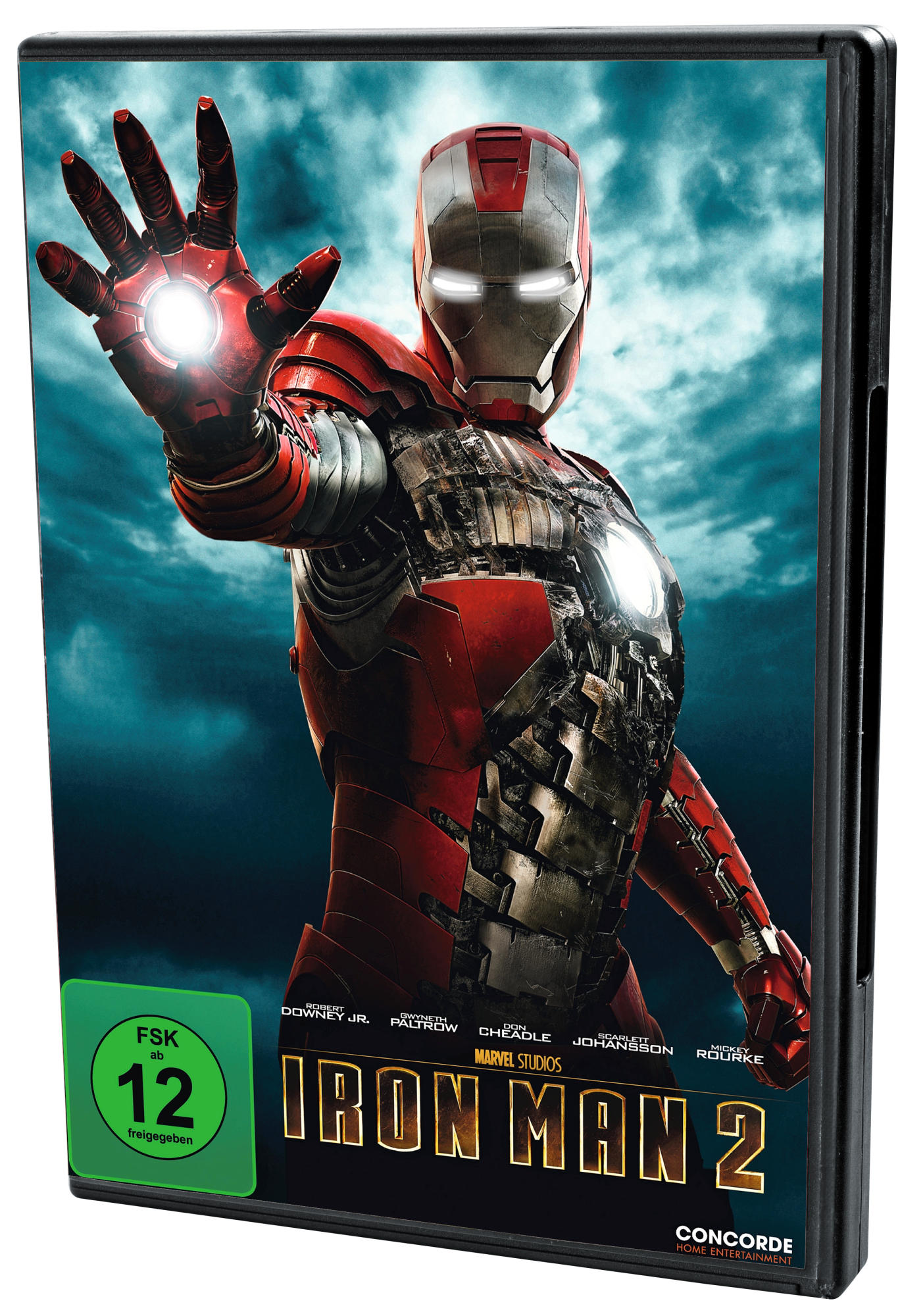 DVD-Hülle von Iron Man 2. Iron Man im Anzug mit leuchtender Hand. Titel und Schauspieler sind aufgeführt.