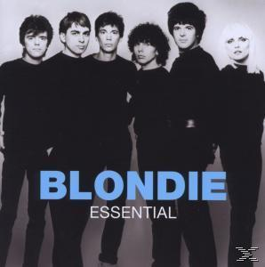 Blondie Albumcover. Männergruppe in schwarzer Kleidung. Blauer Text: BLONDIE ESSENTIAL.