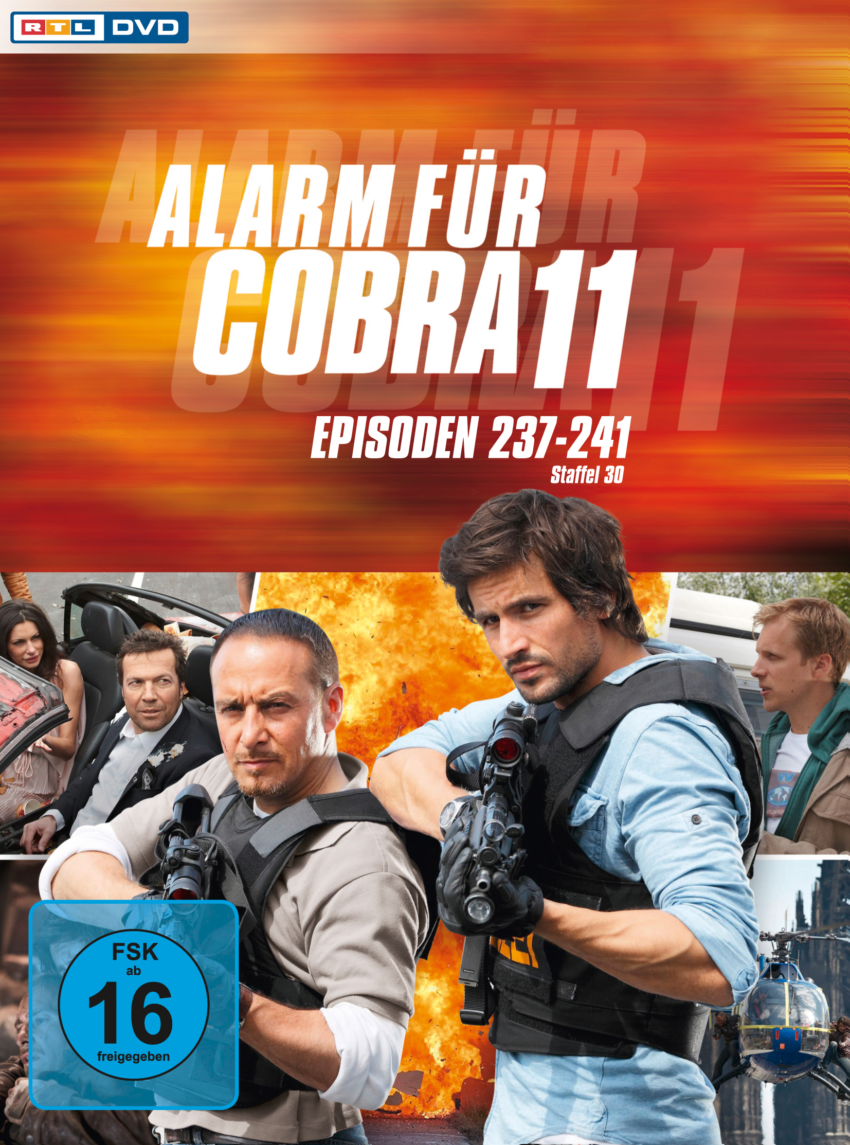 DVD-Cover mit zwei Männern mit Waffen, feurigem Hintergrund und Text auf Deutsch.