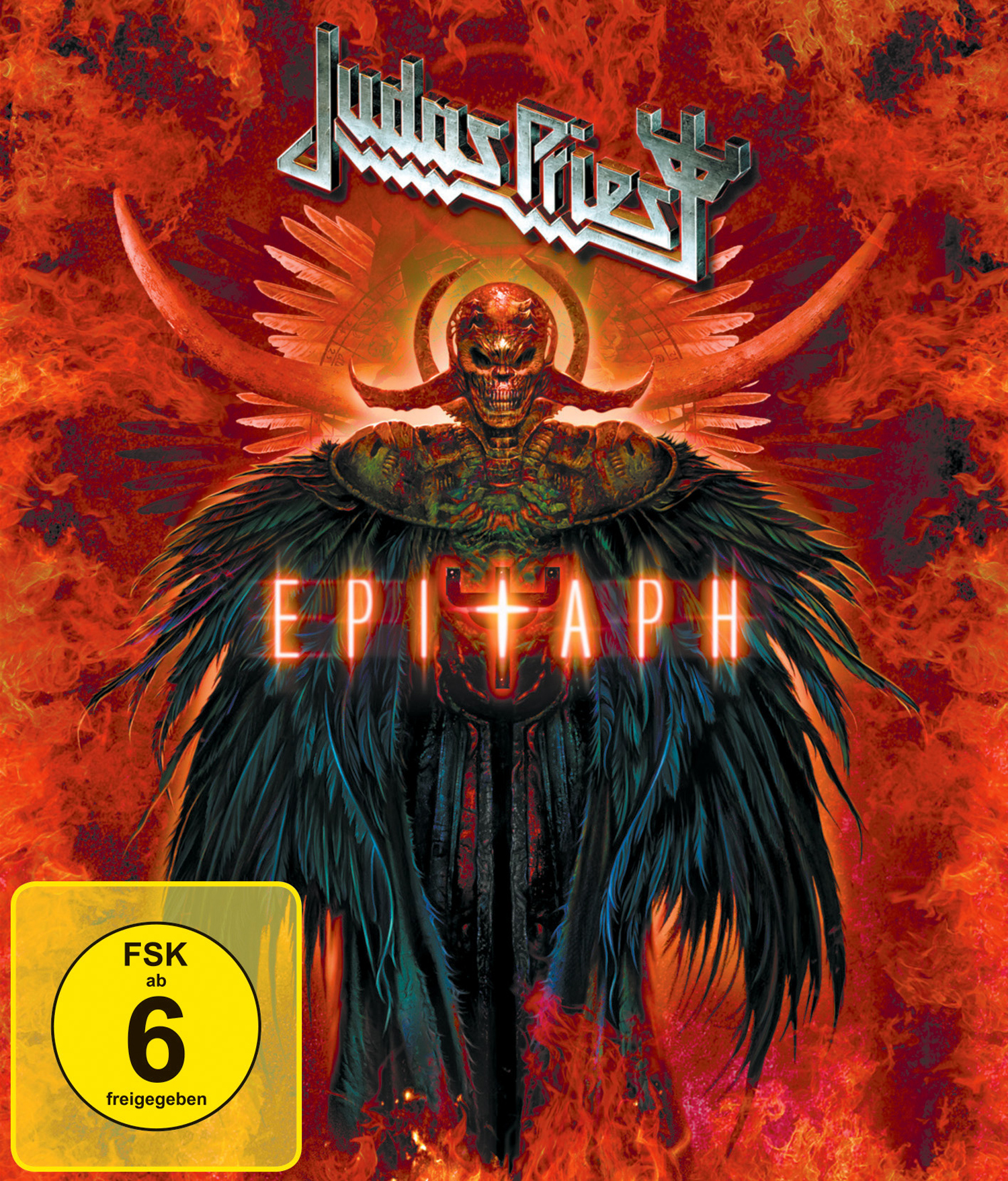 Judas Priest Epitaph Blu-ray Cover. Feuriger Hintergrund, ein Dämon mit Flügeln.