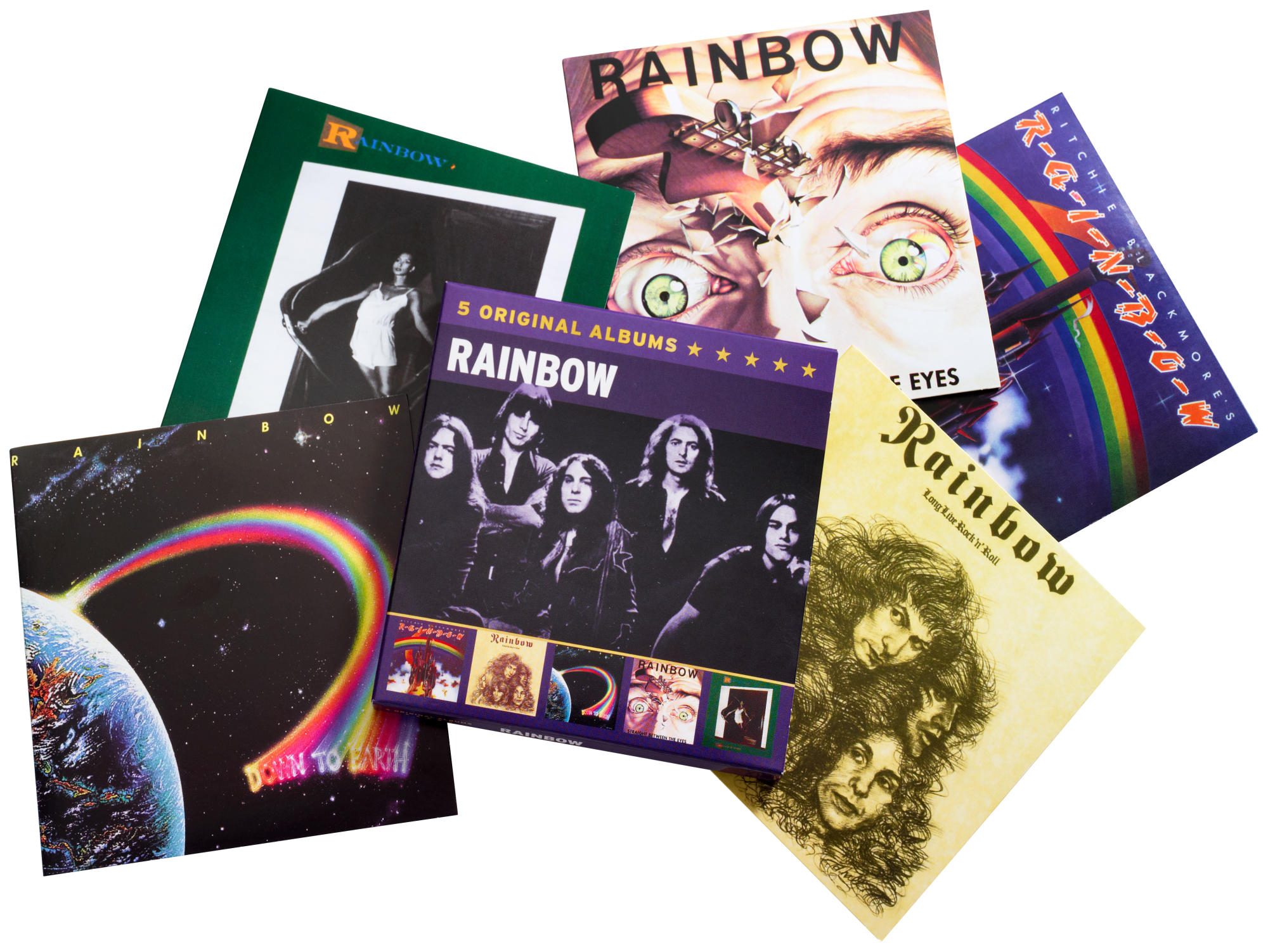 Albumcover von Rainbow-Alben in verschiedenen Stilen. Ein Album befindet sich in der Mitte, der Rest darum herum.