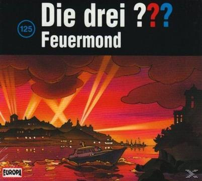 Die drei ??? Feuermond Albumcover. Boot und Stadt bei Nacht.