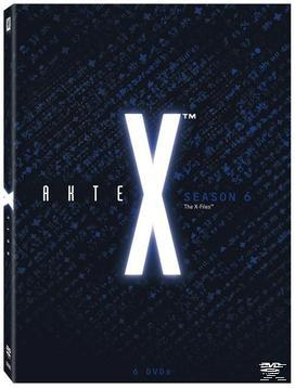X-Files Staffel 6 DVD-Cover. Das 'X'-Logo ist weiß. Der Hintergrund ist ein blaues Muster.