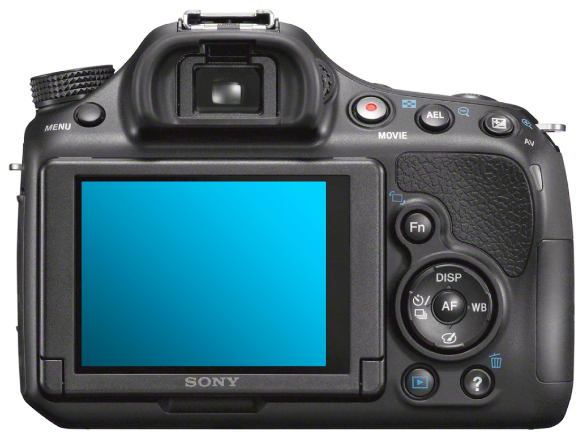 Parte trasera de cámara Sony negra. Tiene una pantalla azul, botones, dial y visor. Incluye MENU, MOVIE, AEL, AV, Fn, DISP, AF, WB y otros.