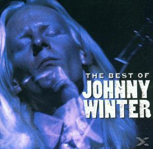 Johnny Winter in Nahaufnahme, Albumcover mit der Aufschrift "The Best of Johnny Winter". Das Bild hat einen Blauton.