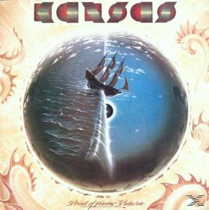 Albumcover. Schiff segelt auf blauem Wasser in einer Weltkugel. Fantasy-Artwork, orange und blau.