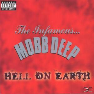 Albumcover, Mobb Deep, Hell on Earth. Roter Hintergrund mit Text und Parental Advisory Label.