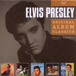 Elvis Presley Albumcover, Schwarzweißfoto mit Albumtiteln darunter.