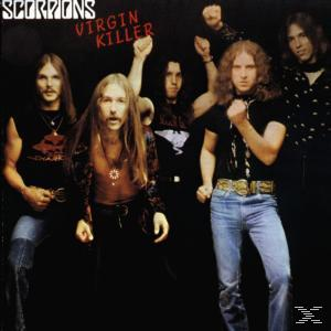 A Scorpions - Virgin Killer album borítója. Egy csoport hosszú hajú férfi, sötét ruhák.