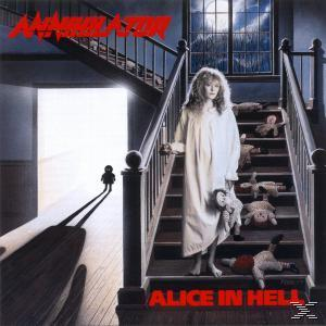 Ein Albumcover zeigt eine Frau auf einer Treppe mit Puppen, eine dunkle Figur und den Text "Alice in Hell".