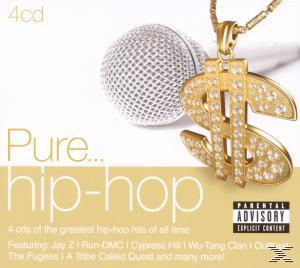 CD-Cover. Ein Mikrofon, ein Dollarzeichen-Anhänger mit Diamanten und Text 'Pure Hip-Hop' auf goldenem Hintergrund.