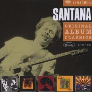 Albumcover von Santana, mit Santana beim Gitarrenspiel und Albumcovern.