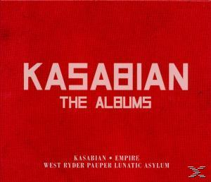 Roter Albumcover mit weißem Text 'KASABIAN THE ALBUMS'. Kasabian, Empire und andere Albumtitel sind aufgeführt.