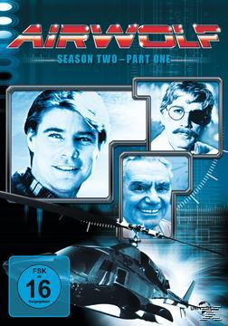DVD-Cover von 'Airwolf' Staffel zwei, Teil eins. Die Gesichter dreier Männer und ein Hubschrauber sind abgebildet.