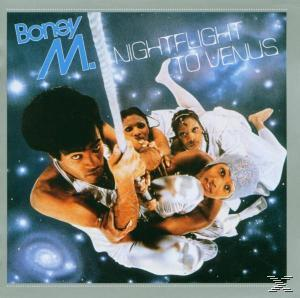 Albumcover mit vier im Weltraum schwebenden Personen. Der Künstler ist Boney M. Der Titel ist Nightflight to Venus.