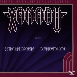 Albumcover von 'Xanadu' mit Text und lila Hintergrund, mit Electric Light Orchestra und Olivia Newton-John.