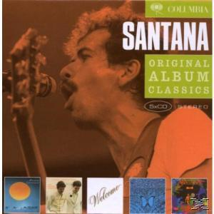 Santana-Albumcover. Ein Mann mit Schnurrbart singt in ein Mikrofon. Albumtitel sind sichtbar.