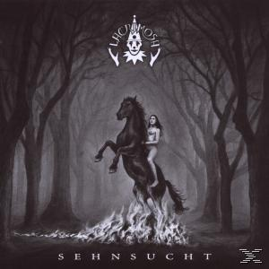 Albumcover, schwarzes Pferd, Frau, dunkler Wald, Flammen und das Wort 'Sehnsucht'.